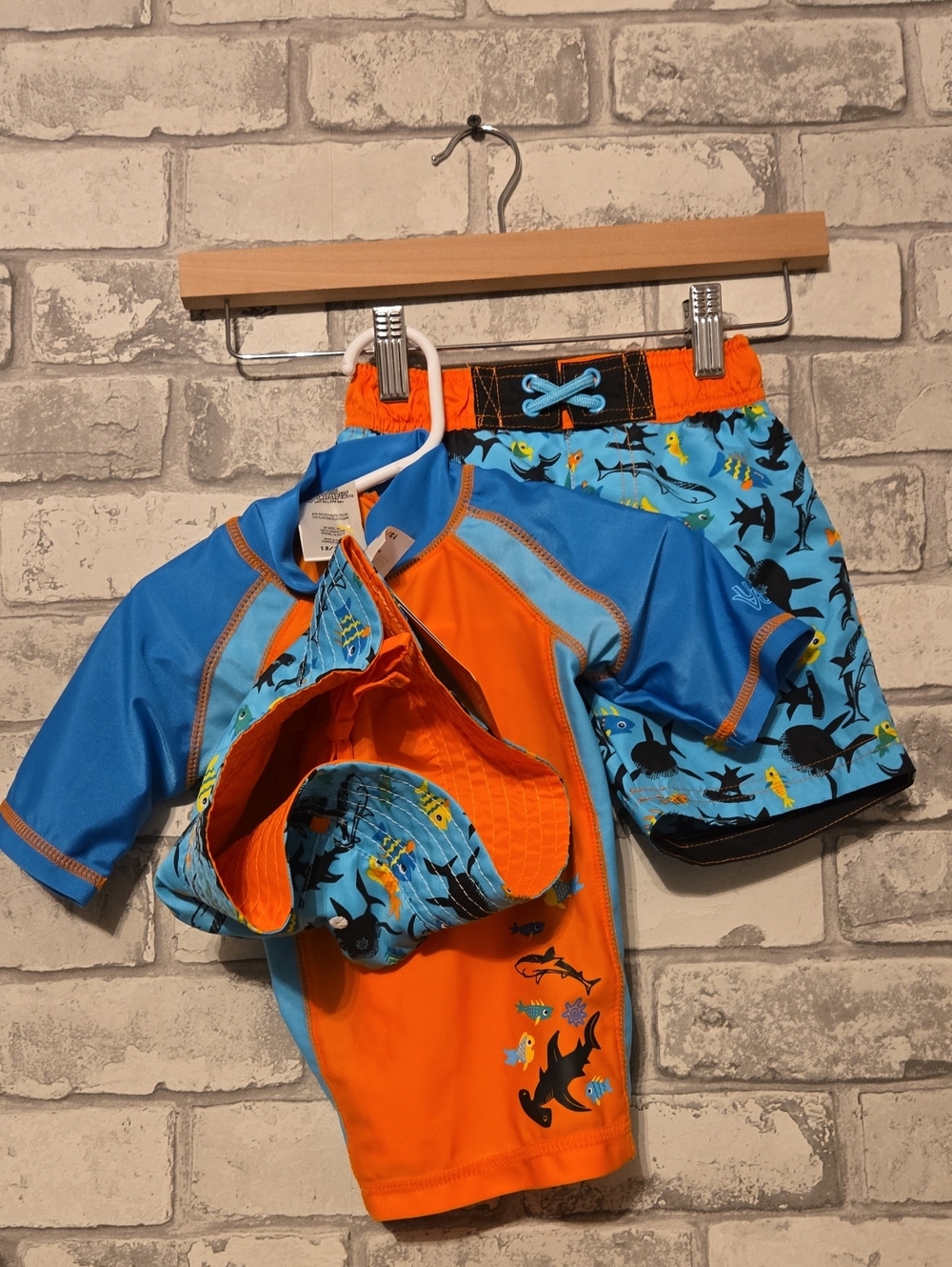 Kids Orange & Blue Shark Short-Sleeve Rashguard Set